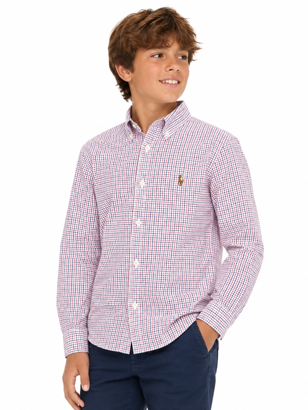Polo Ralph Lauren Boys Pink Black Plaid Button Down Shirt 10-12 cotton